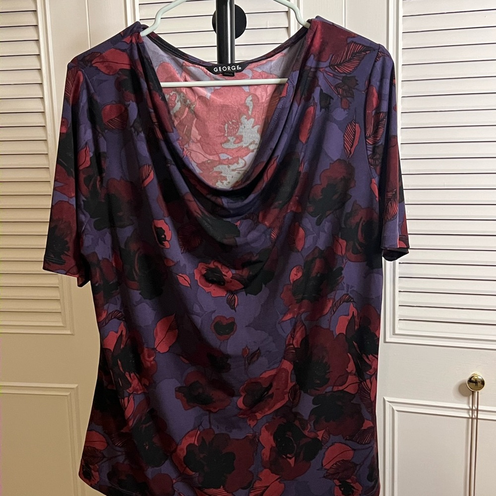 George Red and Blue Draped Blouse Short Sleeve - Picture 2 of 6